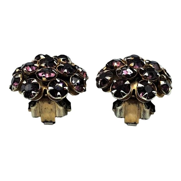 Vintage Purple Rhinestone Earr Gold-Tone Clip-On Earrings With Purple Rhinestone - Picture 4 of 8